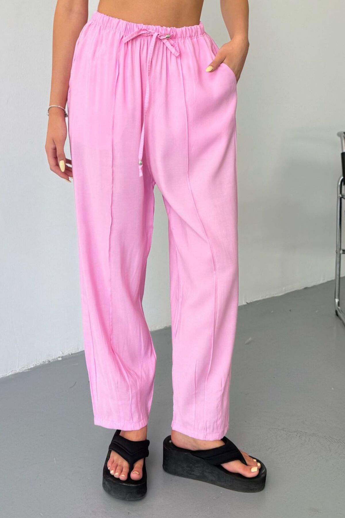 Feela Moda Kadın Modal Cupra Beli Lastikli Çımalı Şalvar Pantolon 2019 42 - Pembe