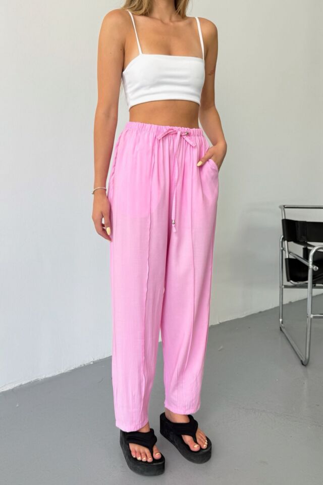 Feela Moda Kadın Modal Cupra Beli Lastikli Çımalı Şalvar Pantolon 2019 42 - Pembe