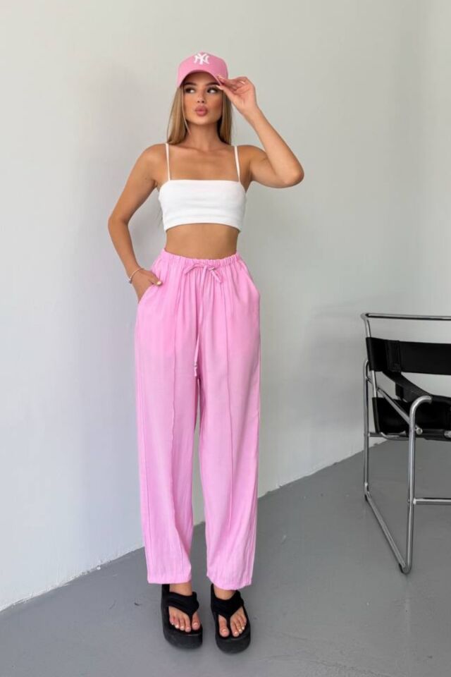 Feela Moda Kadın Modal Cupra Beli Lastikli Çımalı Şalvar Pantolon 2019 42 - Pembe