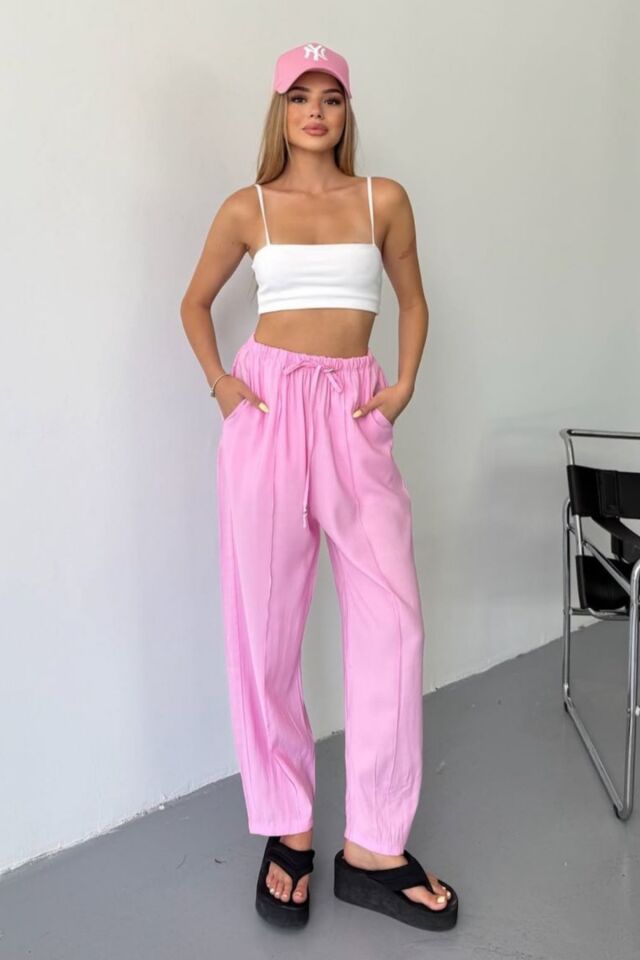 Feela Moda Kadın Modal Cupra Beli Lastikli Çımalı Şalvar Pantolon 2019 42 - Pembe
