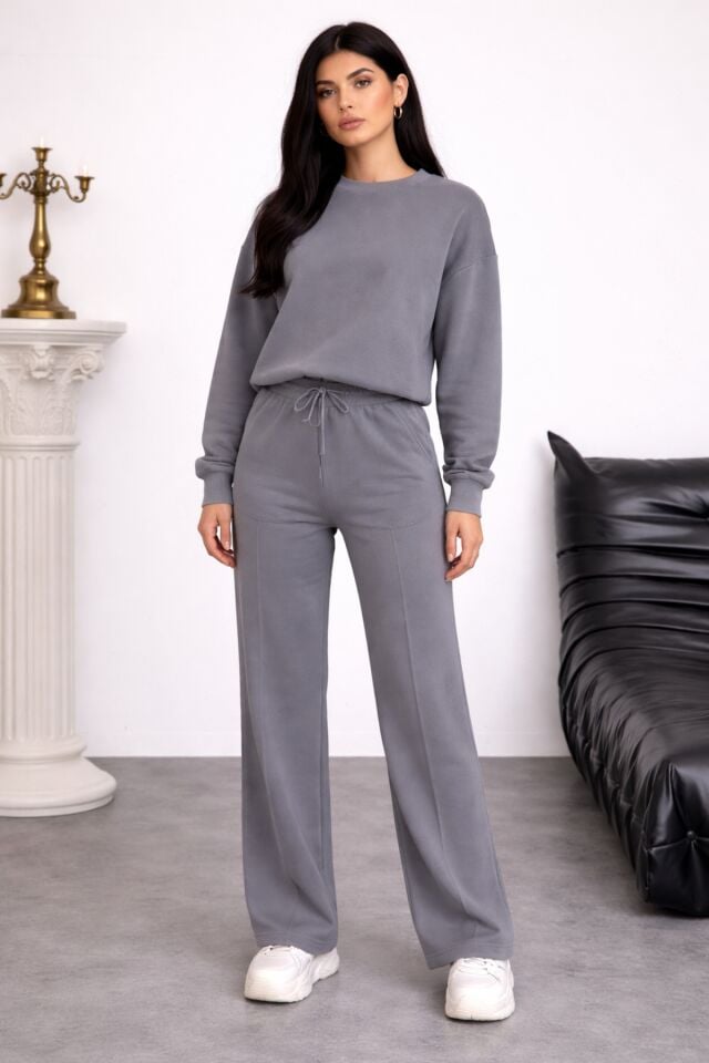 Balenbi Oversize Bisiklet Yaka Basic Modal Kadın Takım 1206 - Form Serisi Gri - S