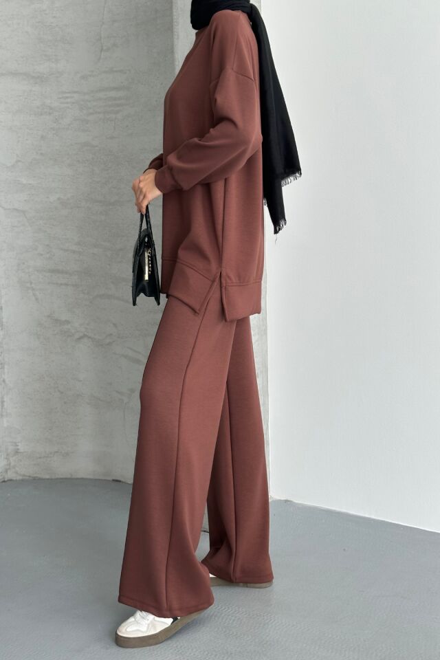 Feela Moda Kadın Modal Penye Oversize Tesettür Tunik Takım 2020 S - Kahverengi