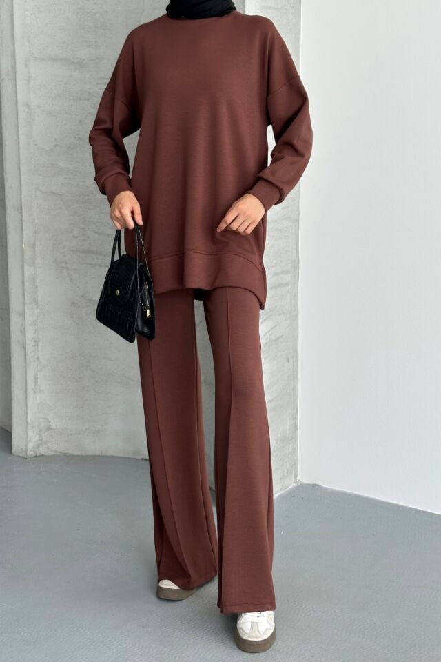 Feela Moda Kadın Modal Penye Oversize Tesettür Tunik Takım 2020 Kahverengi - S