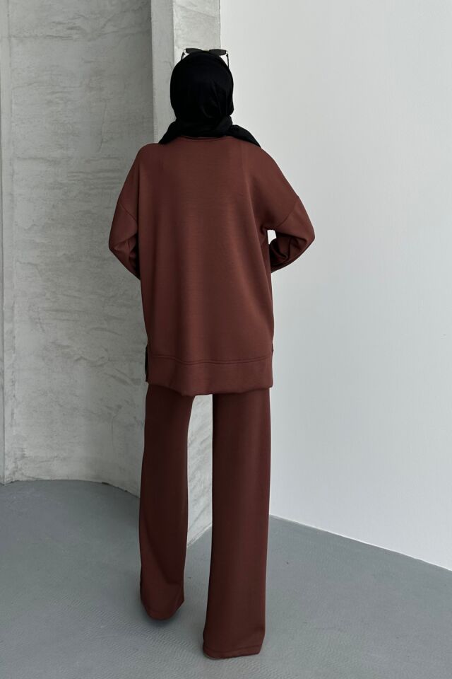 Feela Moda Kadın Modal Penye Oversize Tesettür Tunik Takım 2020 S - Kahverengi