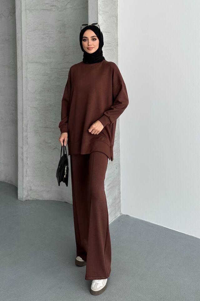 Feela Moda Kadın Modal Penye Oversize Tesettür Tunik Takım 2020 S - Kahverengi