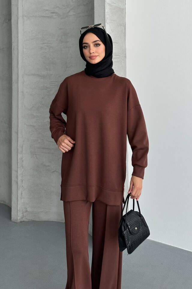 Feela Moda Kadın Modal Penye Oversize Tesettür Tunik Takım 2020 S - Kahverengi