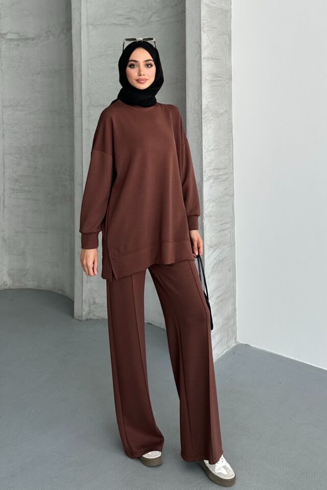 Feela Moda Kadın Modal Penye Oversize Tesettür Tunik Takım 2020 S - Kahverengi