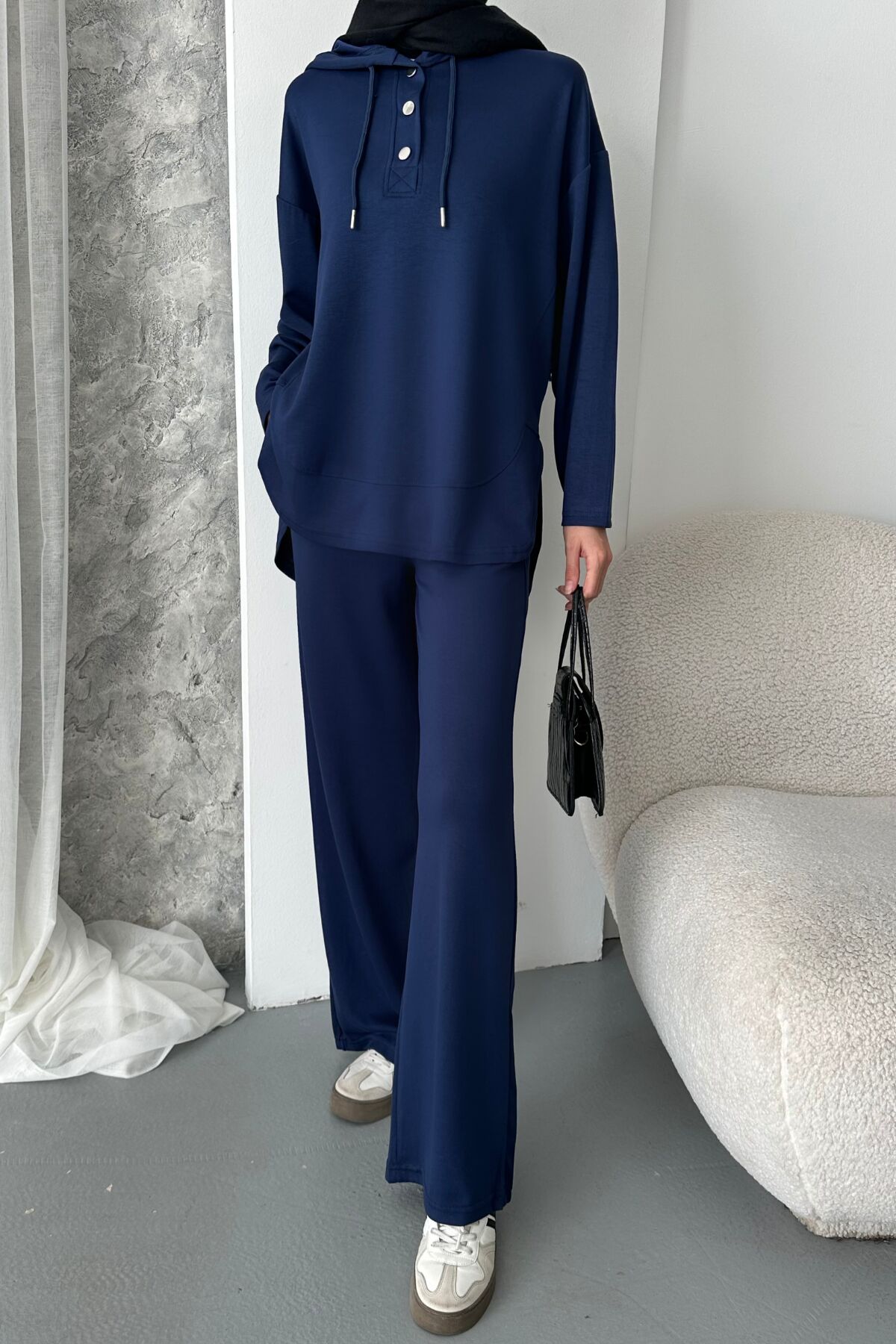 Balenbi Kadın Modal Kumaş Çıtlı Kapüşonlu Oversize Tunik Takım 1119 L - Lacivert