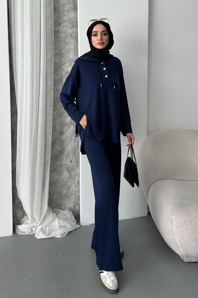 Balenbi Kadın Modal Kumaş Çıtlı Kapüşonlu Oversize Tunik Takım 1119 L - Lacivert