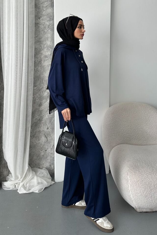 Balenbi Kadın Modal Kumaş Çıtlı Kapüşonlu Oversize Tunik Takım 1119 L - Lacivert