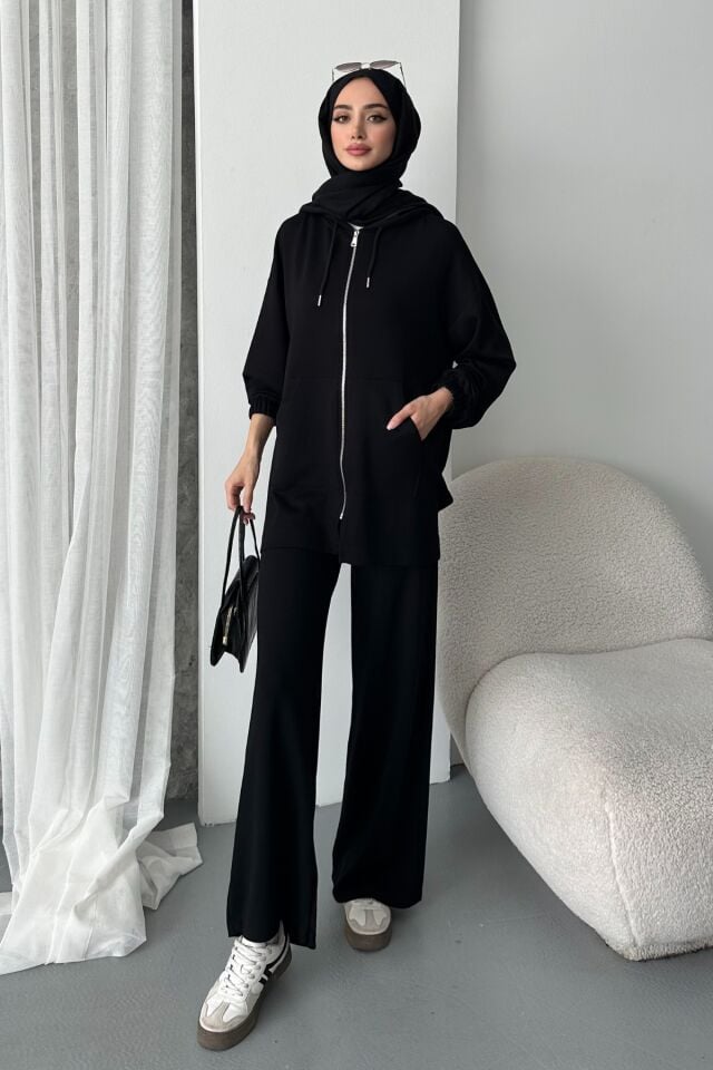 Balenbi Kadın Modal Penye Oversize Kapüşonlu Tesettür Tunik Takım 1108 Siyah - 2XL