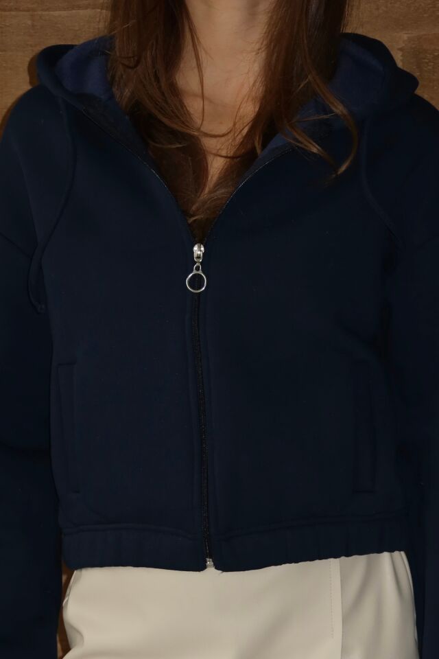 Balenbi Kadın 3 İplik İçi Polarlı Kapüşonlu Fermuarlı Kısa Hırka 1111 S - Grimelanj