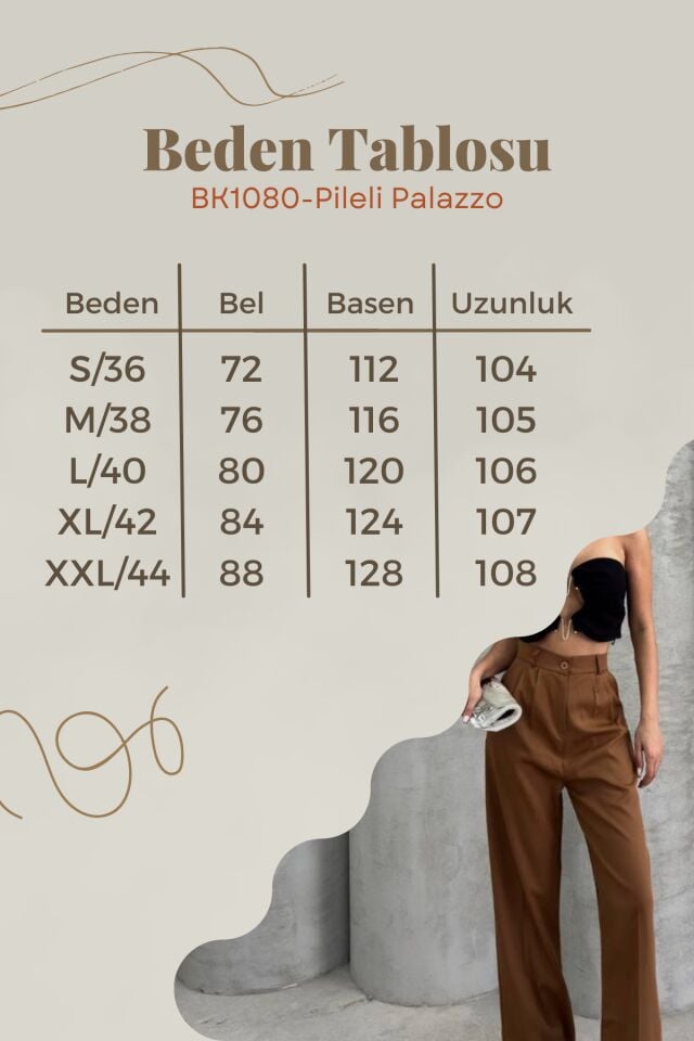 Balenbi Kadın Pileli Yüksek Bel Likralı Palazzo Pantolon 1080 44 - Taba
