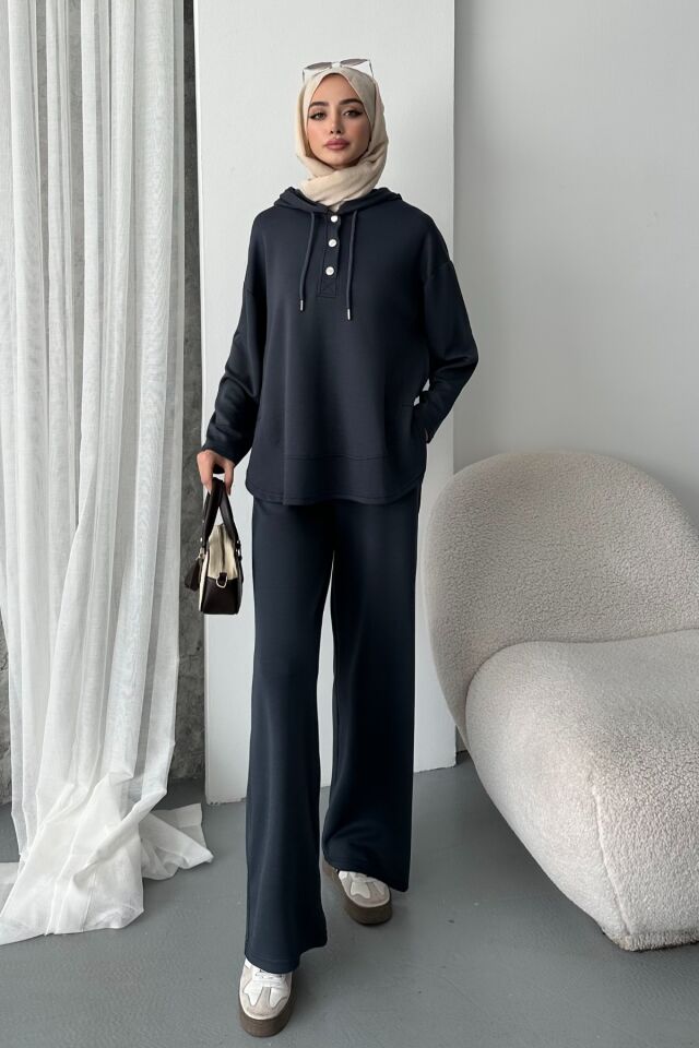 Balenbi Kadın Modal Kumaş Çıtlı Kapüşonlu Oversize Tunik Takım 1119 S - Antrasit