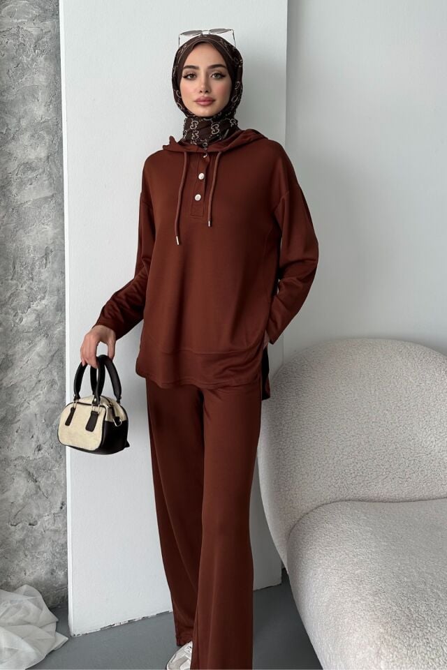 Balenbi Kadın Modal Kumaş Çıtlı Kapüşonlu Oversize Tunik Takım 1119 S - Kahverengi
