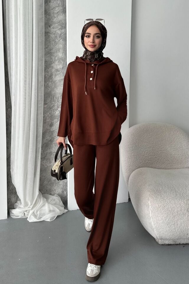 Balenbi Kadın Modal Kumaş Çıtlı Kapüşonlu Oversize Tunik Takım 1119 S - Kahverengi