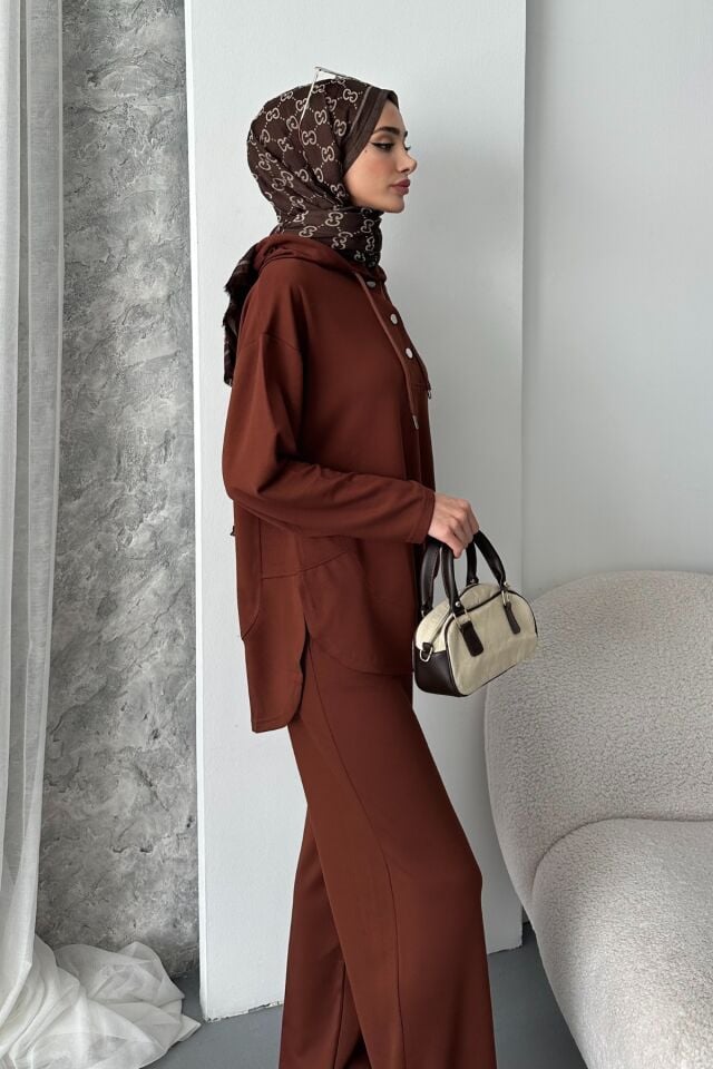 Balenbi Kadın Modal Kumaş Çıtlı Kapüşonlu Oversize Tunik Takım 1119 S - Kahverengi