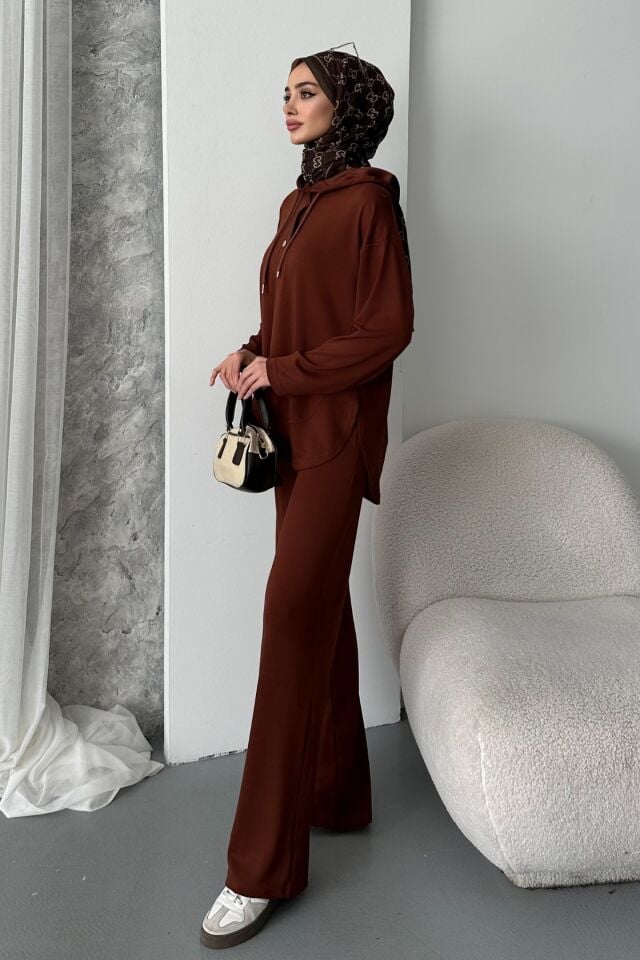 Balenbi Kadın Modal Kumaş Çıtlı Kapüşonlu Oversize Tunik Takım 1119 S - Kahverengi