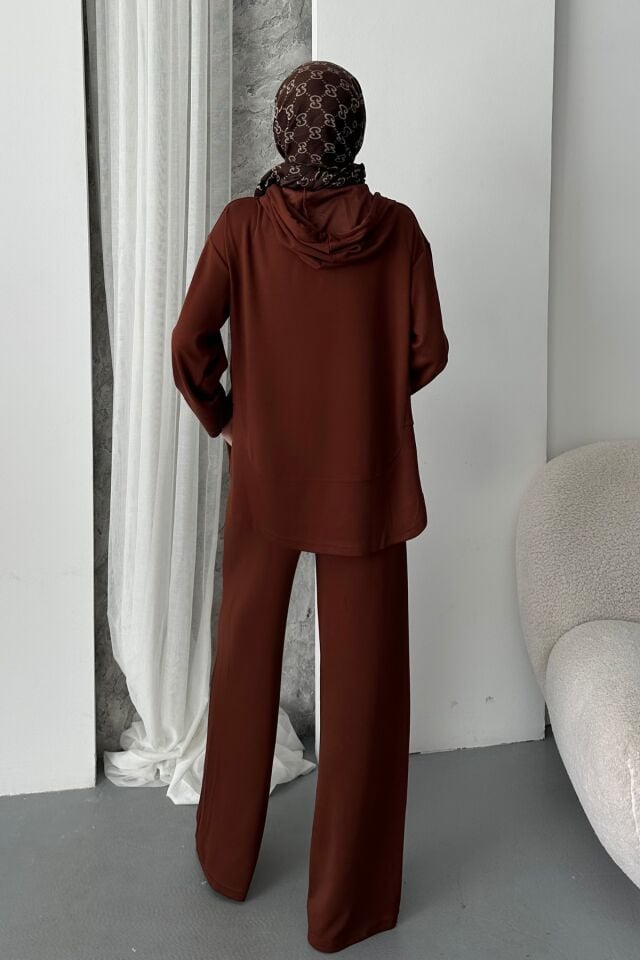 Balenbi Kadın Modal Kumaş Çıtlı Kapüşonlu Oversize Tunik Takım 1119 S - Kahverengi