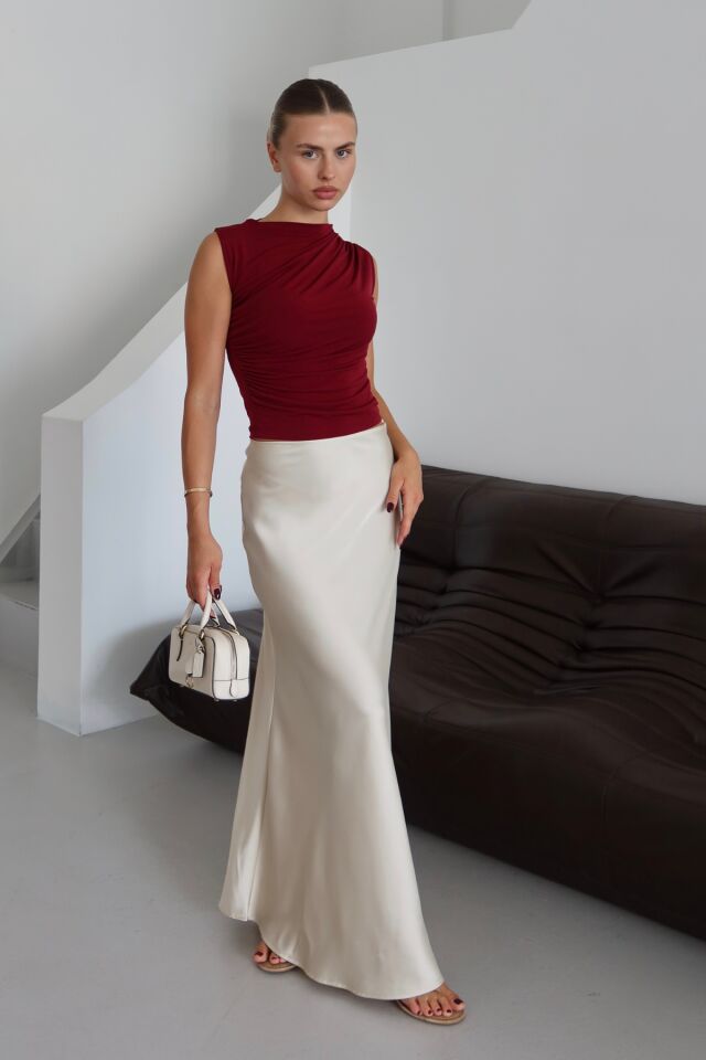 Balenbi Kadın Kolsuz Büzgü Detaylı Basic Sandy Bluz 1102 XL - Bordo