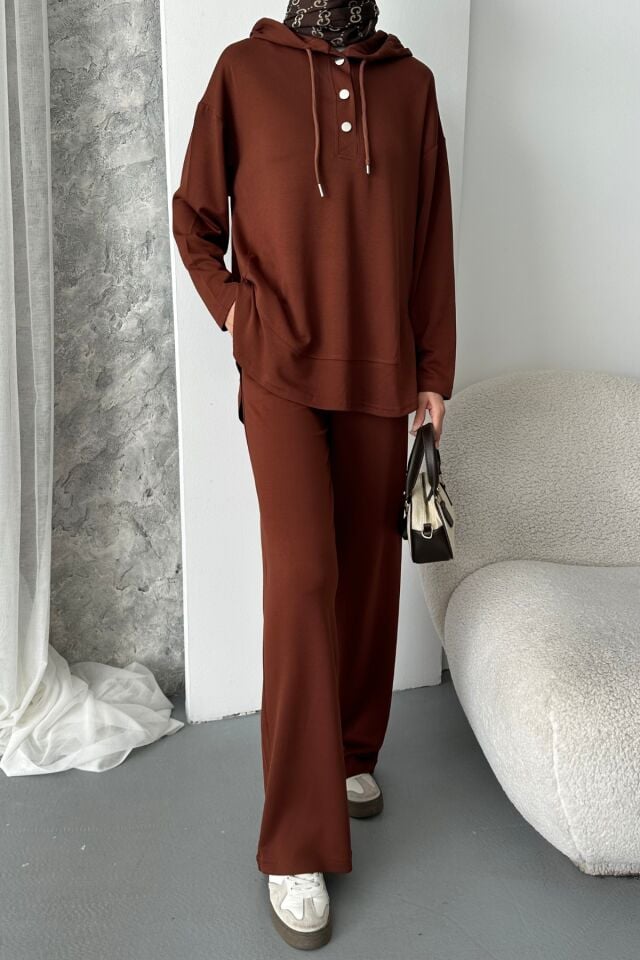 Balenbi Kadın Modal Kumaş Çıtlı Kapüşonlu Oversize Tunik Takım 1119 Kahverengi - S