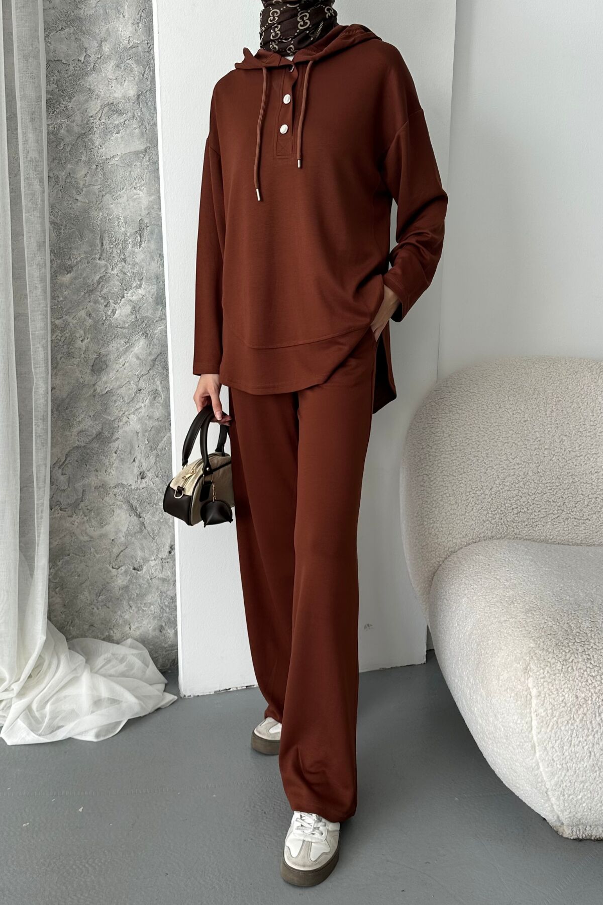 Balenbi Kadın Modal Kumaş Çıtlı Kapüşonlu Oversize Tunik Takım 1119 S - Kahverengi