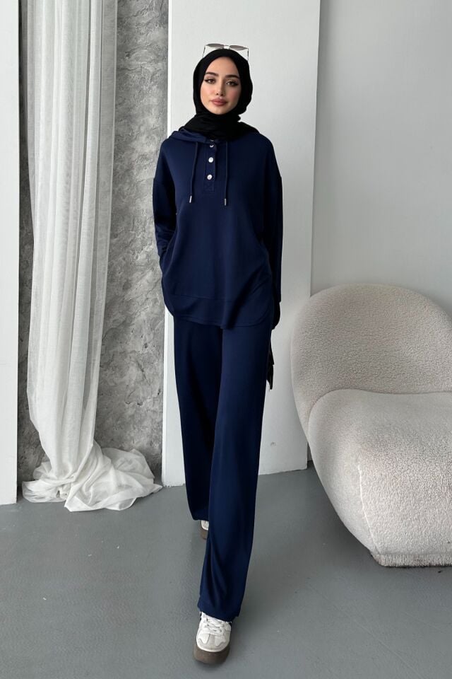 Balenbi Kadın Modal Kumaş Çıtlı Kapüşonlu Oversize Tunik Takım 1119 S - Lacivert