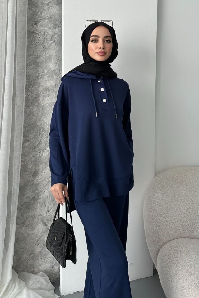 Balenbi Kadın Modal Kumaş Çıtlı Kapüşonlu Oversize Tunik Takım 1119 S - Lacivert