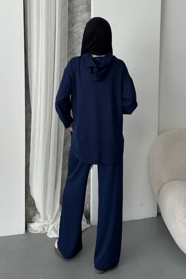Balenbi Kadın Modal Kumaş Çıtlı Kapüşonlu Oversize Tunik Takım 1119 S - Lacivert