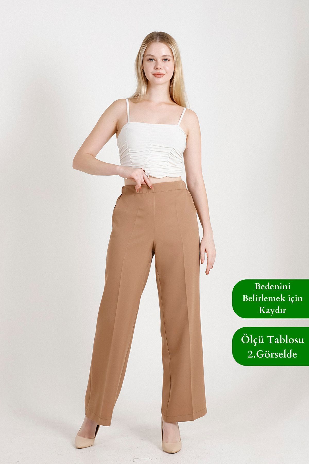 Balenbi Kadın Palazzo Yüksek Bel Likralı Dokuma Pantolon 1003 46 - Camel