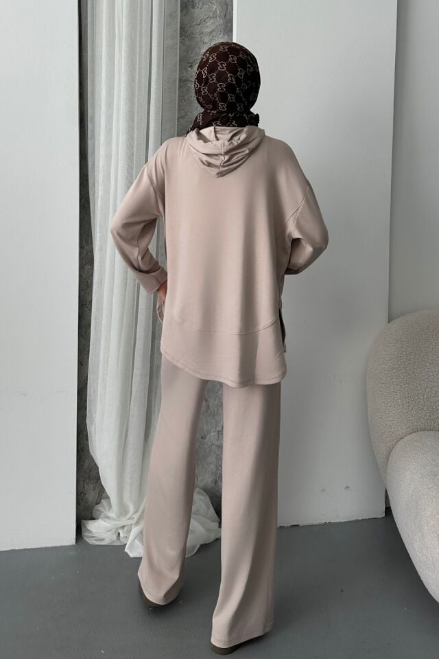 Balenbi Kadın Modal Kumaş Çıtlı Kapüşonlu Oversize Tunik Takım 1119 XL - Bej