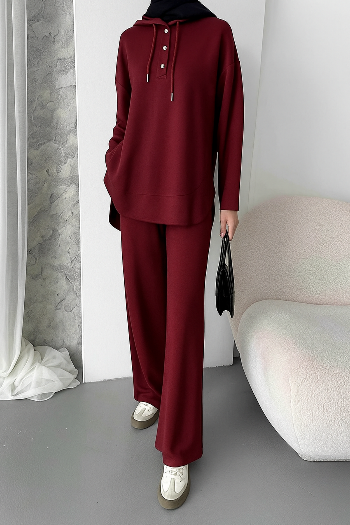 Balenbi Kadın Modal Kumaş Çıtlı Kapüşonlu Oversize Tunik Takım 1119 XL - Bordo