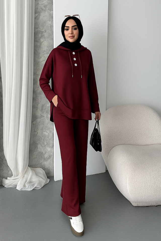 Balenbi Kadın Modal Kumaş Çıtlı Kapüşonlu Oversize Tunik Takım 1119 XL - Bordo