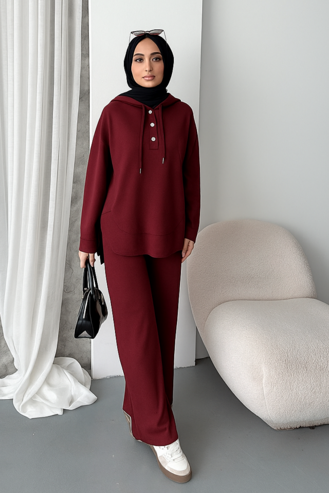 Balenbi Kadın Modal Kumaş Çıtlı Kapüşonlu Oversize Tunik Takım 1119 XL - Bordo