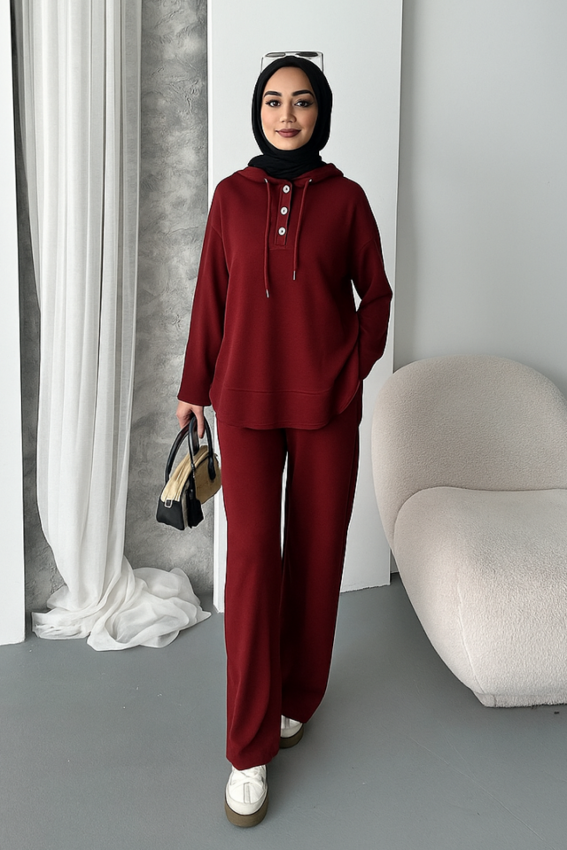 Balenbi Kadın Modal Kumaş Çıtlı Kapüşonlu Oversize Tunik Takım 1119 XL - Bordo