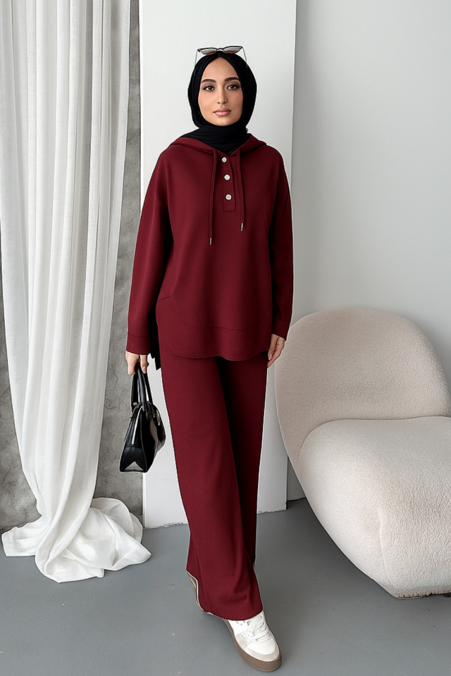 Balenbi Kadın Modal Kumaş Çıtlı Kapüşonlu Oversize Tunik Takım 1119 XL - Bordo
