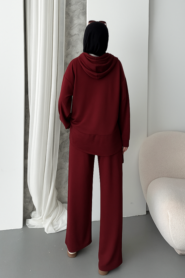 Balenbi Kadın Modal Kumaş Çıtlı Kapüşonlu Oversize Tunik Takım 1119 XL - Bordo