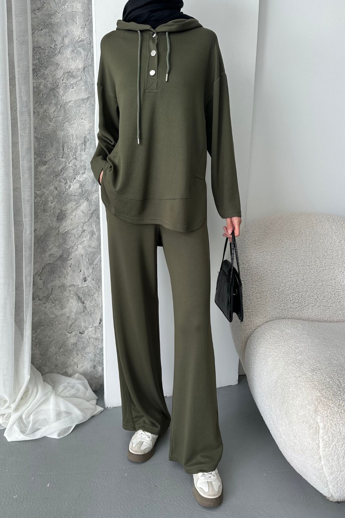 Balenbi Kadın Modal Kumaş Çıtlı Kapüşonlu Oversize Tunik Takım 1119 XL - Haki