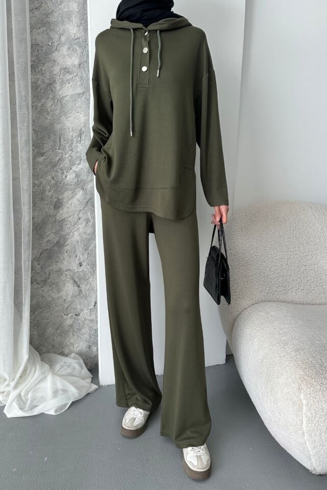 Balenbi Kadın Modal Kumaş Çıtlı Kapüşonlu Oversize Tunik Takım 1119 Haki - XL