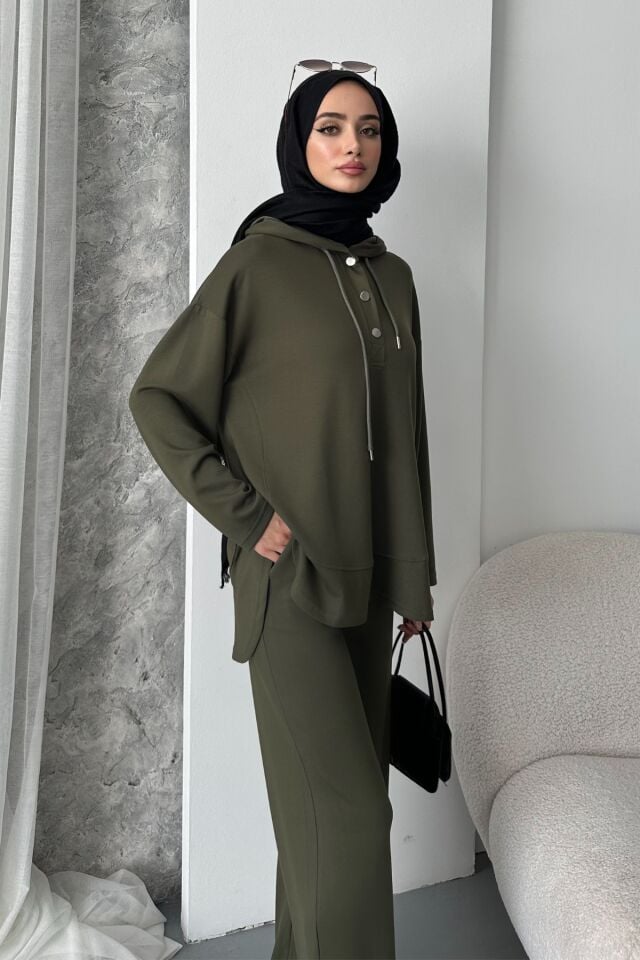 Balenbi Kadın Modal Kumaş Çıtlı Kapüşonlu Oversize Tunik Takım 1119 Haki - XL