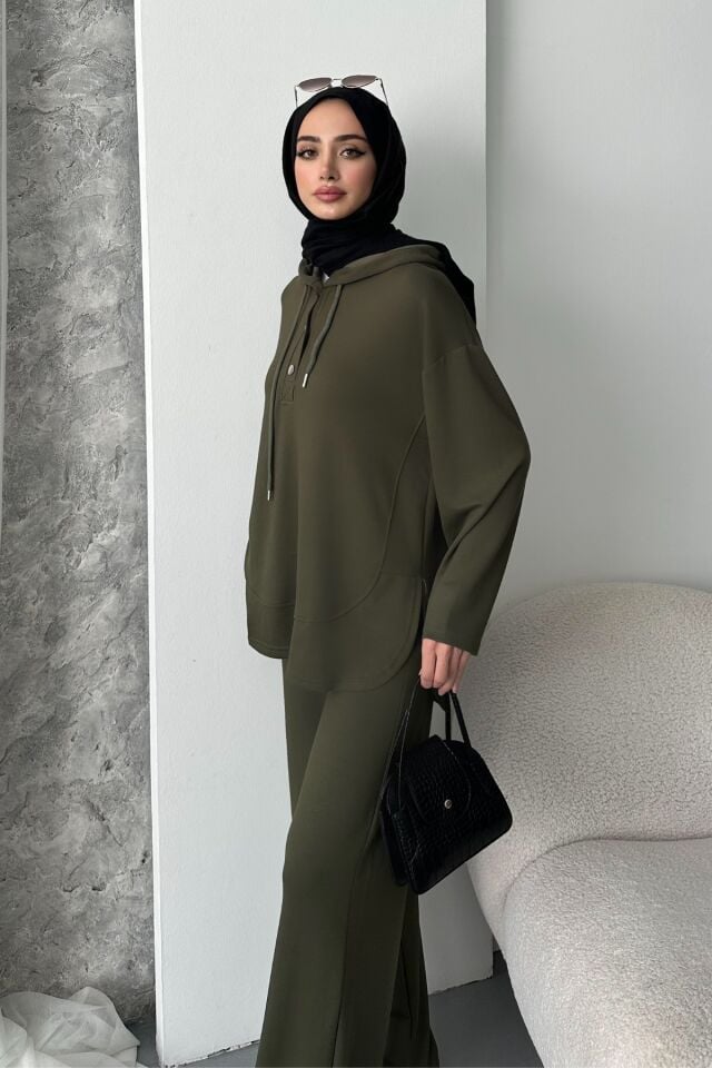 Balenbi Kadın Modal Kumaş Çıtlı Kapüşonlu Oversize Tunik Takım 1119 XL - Haki