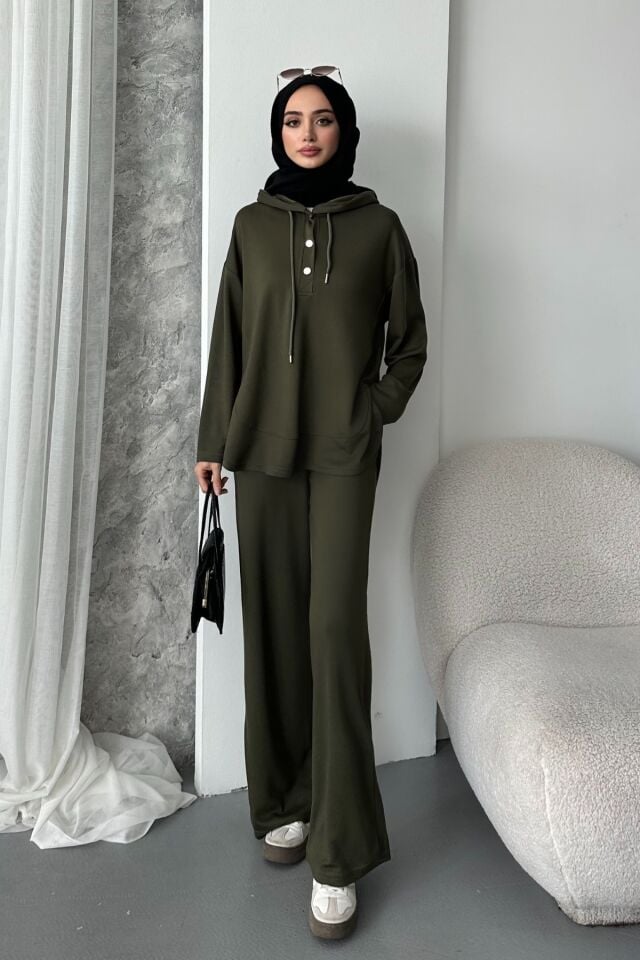 Balenbi Kadın Modal Kumaş Çıtlı Kapüşonlu Oversize Tunik Takım 1119 XL - Haki