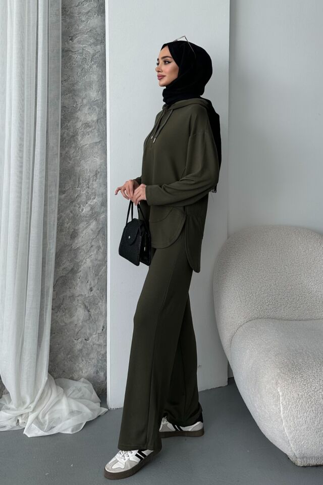 Balenbi Kadın Modal Kumaş Çıtlı Kapüşonlu Oversize Tunik Takım 1119 XL - Haki