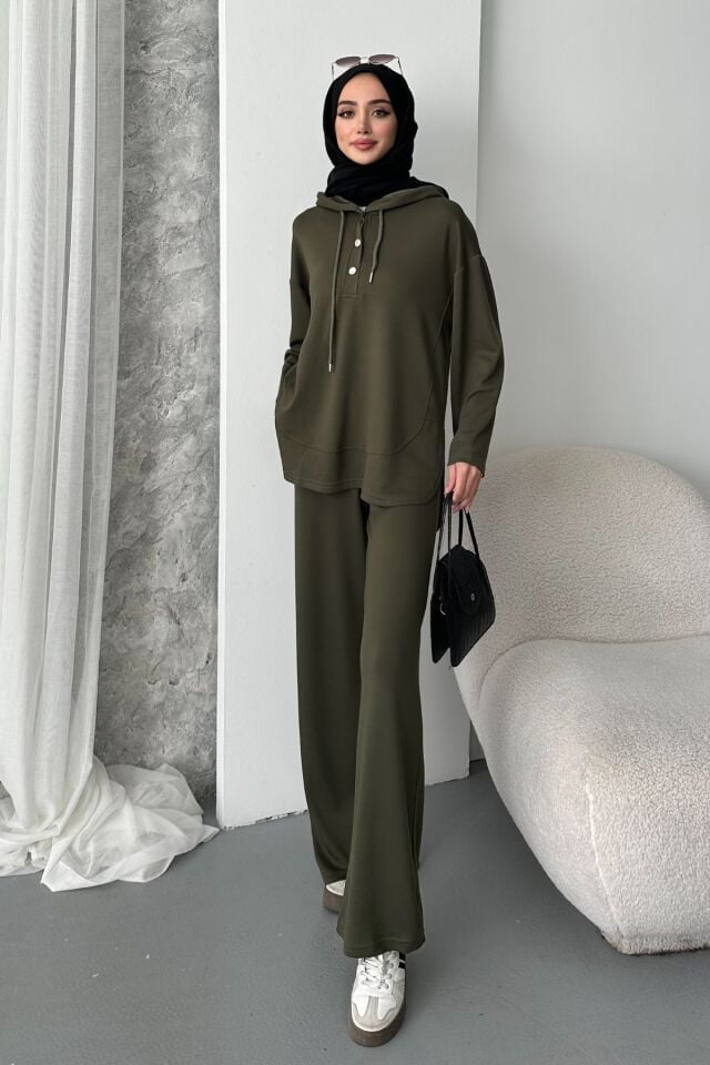 Balenbi Kadın Modal Kumaş Çıtlı Kapüşonlu Oversize Tunik Takım 1119 XL - Haki