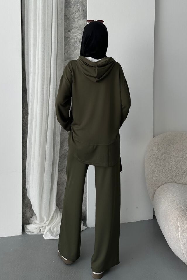 Balenbi Kadın Modal Kumaş Çıtlı Kapüşonlu Oversize Tunik Takım 1119 XL - Haki