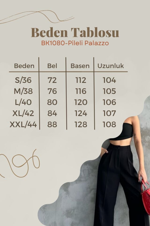 Balenbi Kadın Pileli Yüksek Bel Bol Paça Likralı Palazzo Pantolon 1139 46 - Siyah