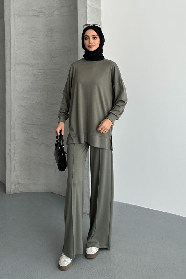 Feela Moda Kadın Modal Penye Oversize Tesettür Tunik Takım 2020 2XL - Haki