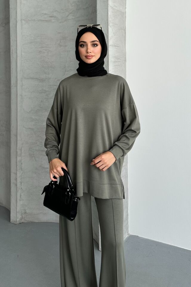 Feela Moda Kadın Modal Penye Oversize Tesettür Tunik Takım 2020 2XL - Haki