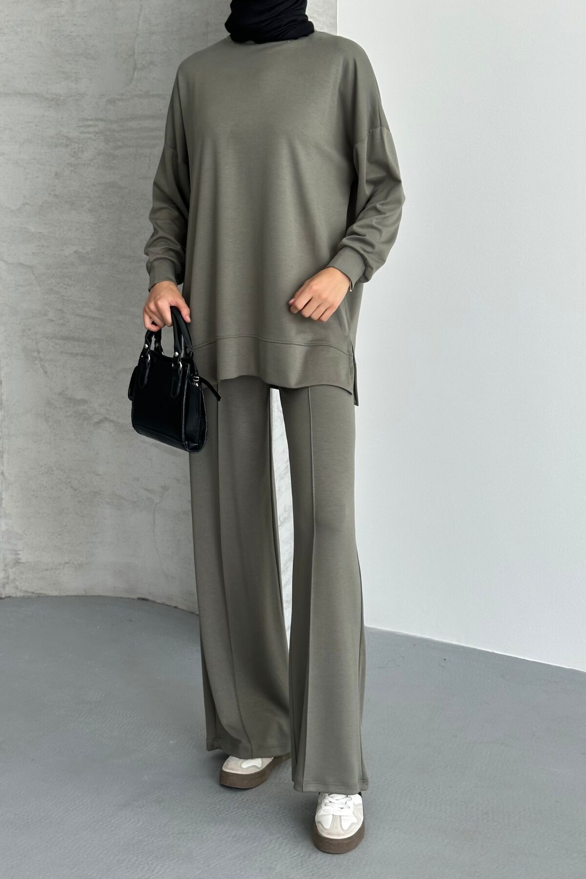 Feela Moda Kadın Modal Penye Oversize Tesettür Tunik Takım 2020 2XL - Haki