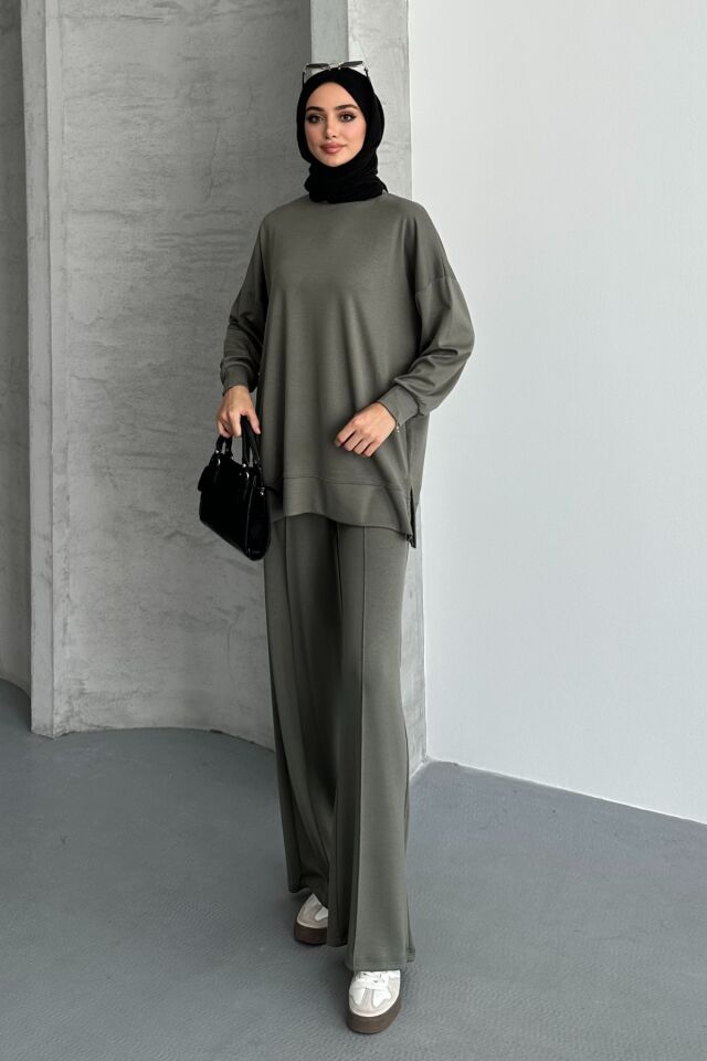 Feela Moda Kadın Modal Penye Oversize Tesettür Tunik Takım 2020 2XL - Haki